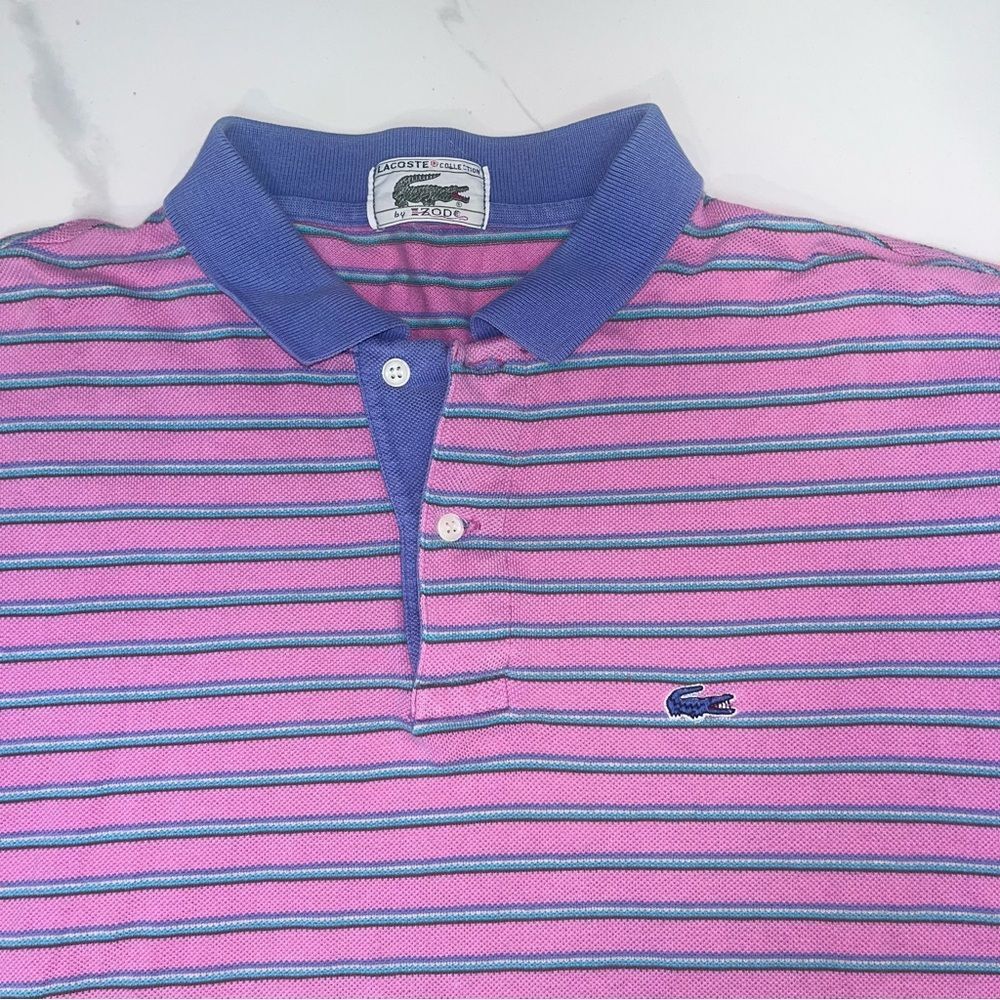 Vintage Lacoste Collection 80s Pink Teal Purple Shirt with Tennis Tails L - Picture 2 of 8